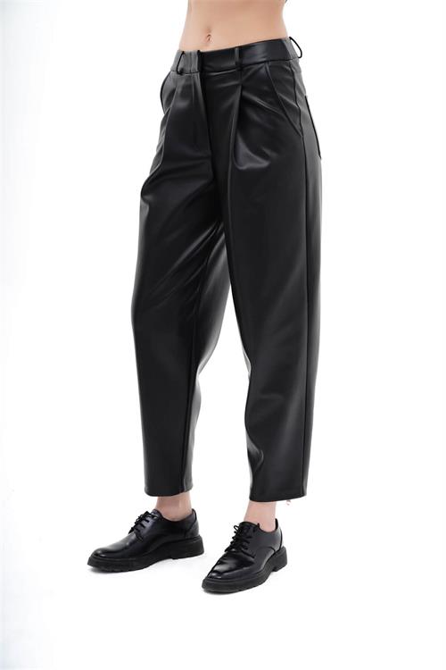 Carrot Fit Pu Leather Pants With Pleats