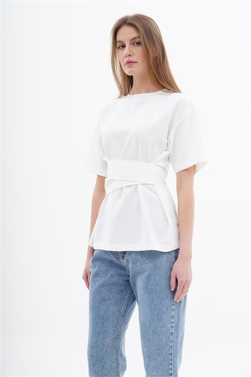Short Sleeve Blouse With Waist Belt