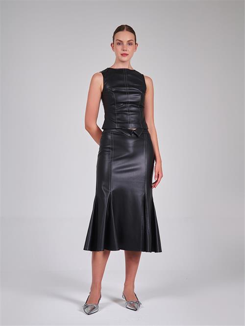 Sleeveless Pu-Leather Top With Contrast Stitching