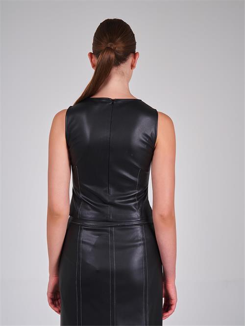 Sleeveless Pu-Leather Top With Contrast Stitching