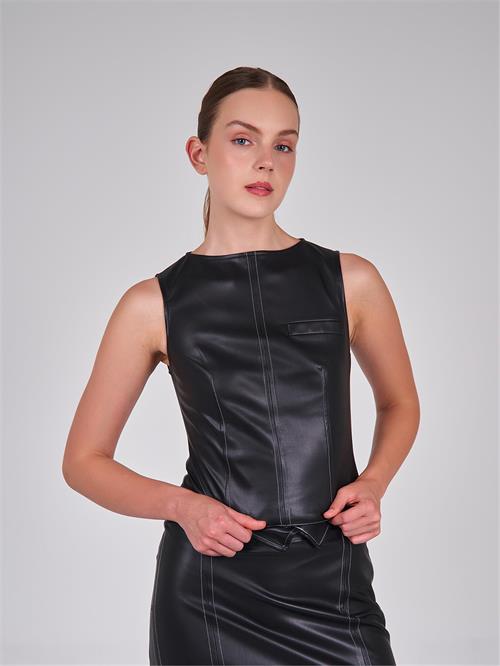 Sleeveless Pu-Leather Top With Contrast Stitching
