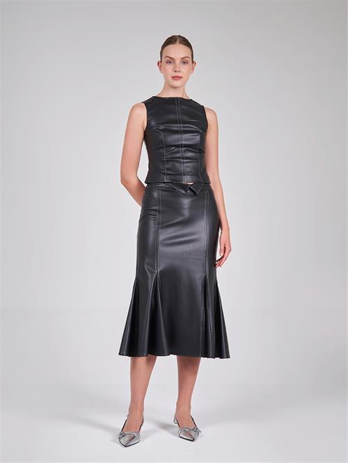 Sleeveless Pu-Leather Top With Contrast Stitching