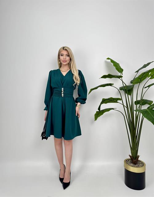 1003 OMUZ PİLE KUŞAKLI ELBİSE