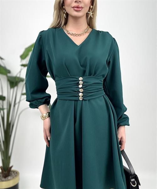 1003 OMUZ PİLE KUŞAKLI ELBİSE