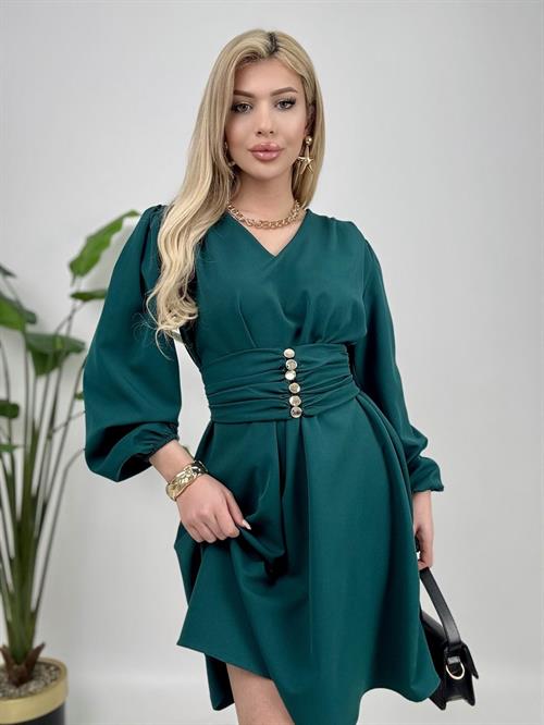 1003 OMUZ PİLE KUŞAKLI ELBİSE