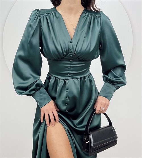 Wholesale Button Front Shirred Satin Dress