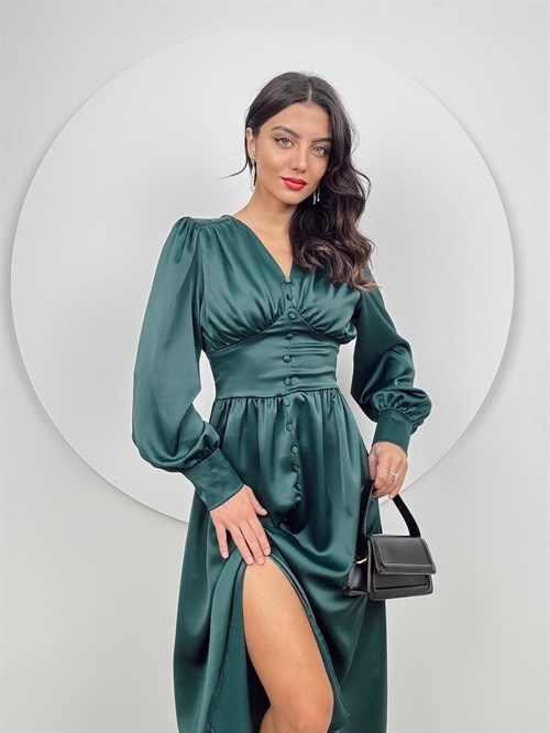Wholesale Button Front Shirred Satin Dress