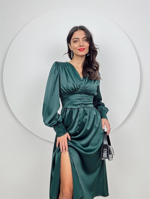 Wholesale Button Front Shirred Satin Dress