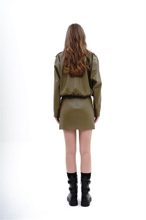 Oversized Feminine Pu Leather Jacket With Drawstring