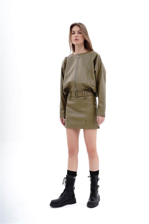 Oversized Feminine Pu Leather Jacket With Drawstring