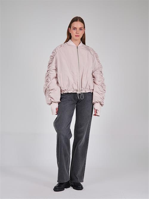 160684 RUSHED SHOULDER AND ARM DETAIL BOMBER JACKET