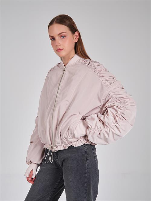 160684 RUSHED SHOULDER AND ARM DETAIL BOMBER JACKET