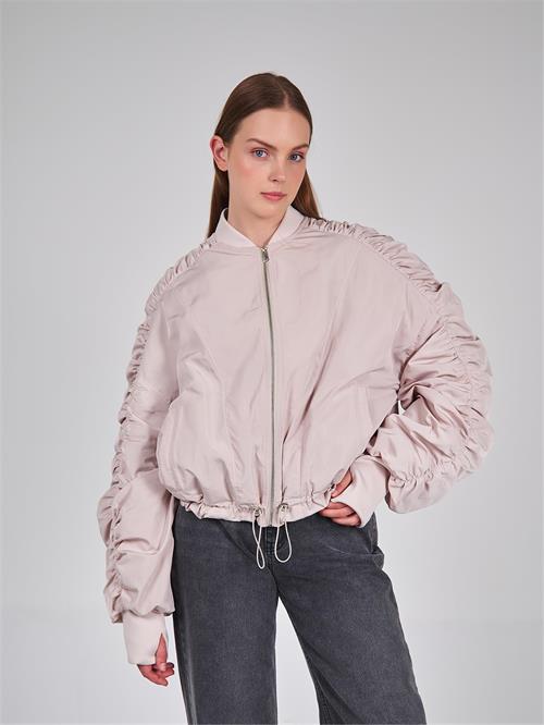 160684 RUSHED SHOULDER AND ARM DETAIL BOMBER JACKET