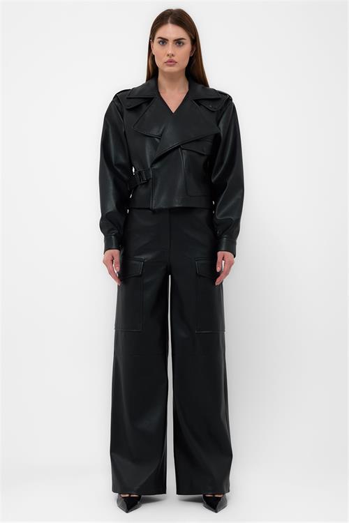 Double Waist Faux Leather Jacket