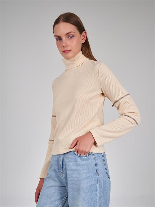 High Neck Jersey Sweater With Zipper Detailed Arms