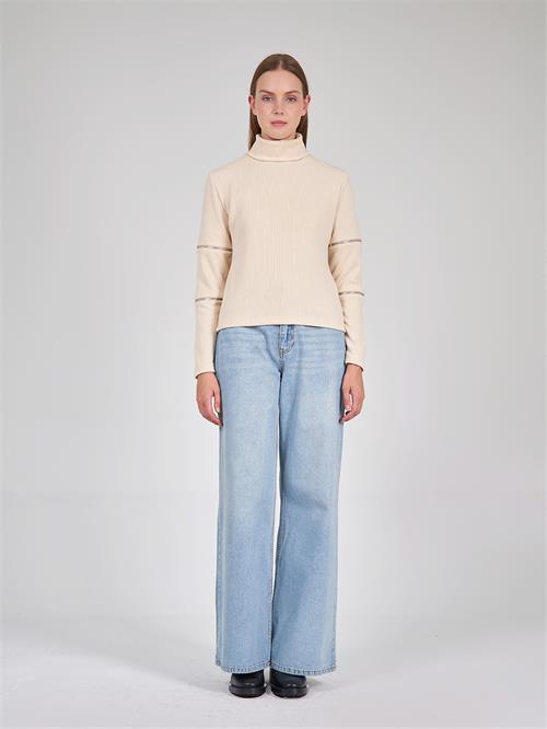 High Neck Jersey Sweater With Zipper Detailed Arms