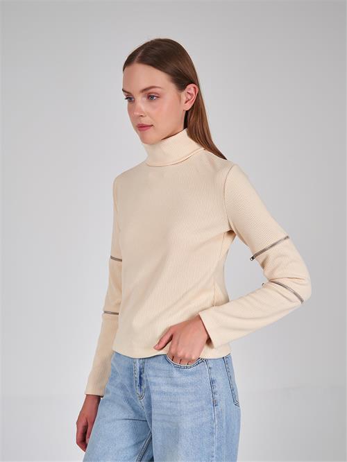 High Neck Jersey Sweater With Zipper Detailed Arms