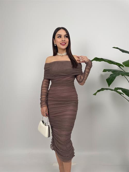 Wholesale Strapless Shirred Long Sleeve Tulle Dress