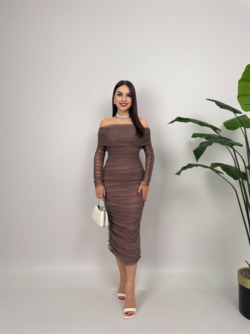 Wholesale Strapless Shirred Long Sleeve Tulle Dress