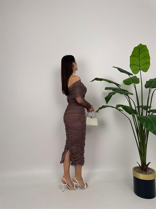 Wholesale Strapless Shirred Long Sleeve Tulle Dress