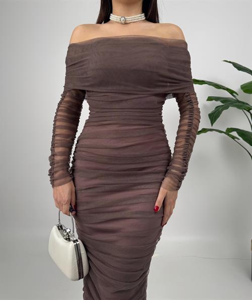 Wholesale Strapless Shirred Long Sleeve Tulle Dress