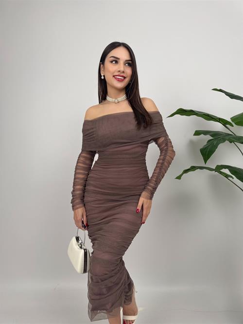 Wholesale Strapless Shirred Long Sleeve Tulle Dress