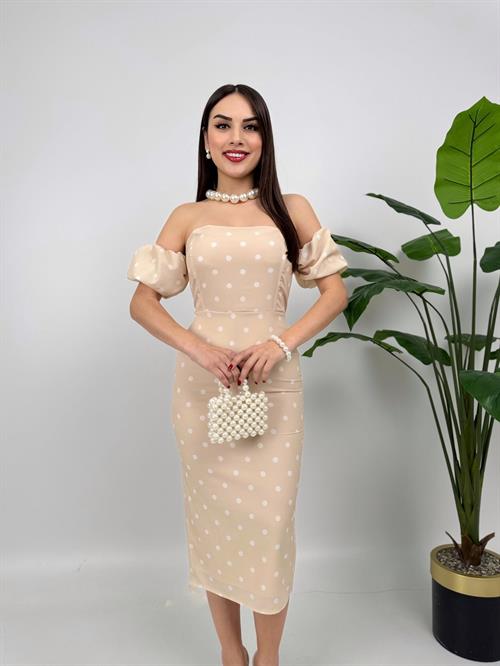 Wholesale Polka Dot Pattern Balloon Sleeve Crepe Dress