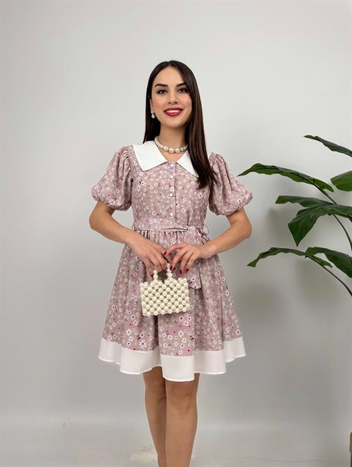 2088 YAKA DETAY KREP MİNİ ELBİSE