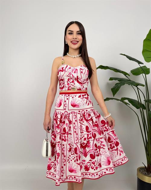 Wholesale Patterned Crepe Double Set with Bustier