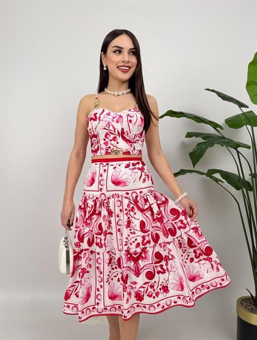 Wholesale Patterned Crepe Double Set with Bustier