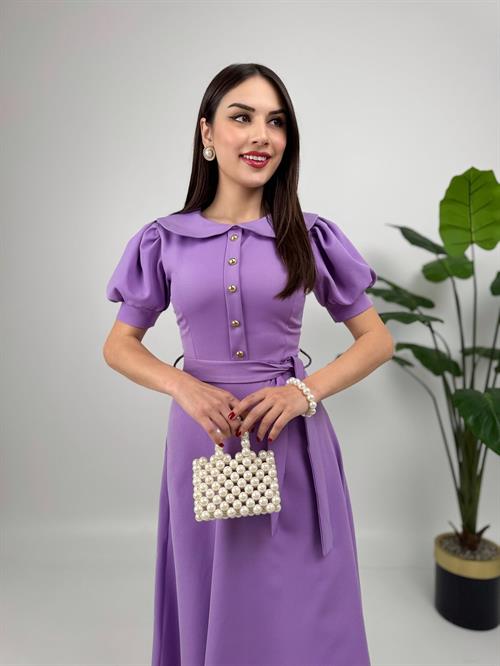 2111 BEBE YAKA KUŞAKLI MİDİ ELBİSE