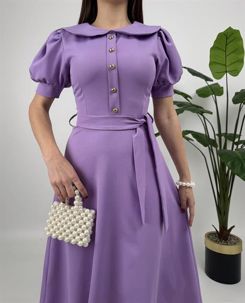 2111 BEBE YAKA KUŞAKLI MİDİ ELBİSE