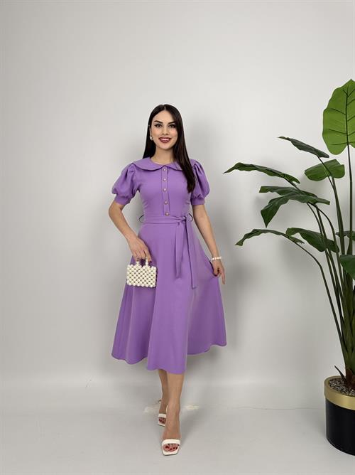 2111 BEBE YAKA KUŞAKLI MİDİ ELBİSE