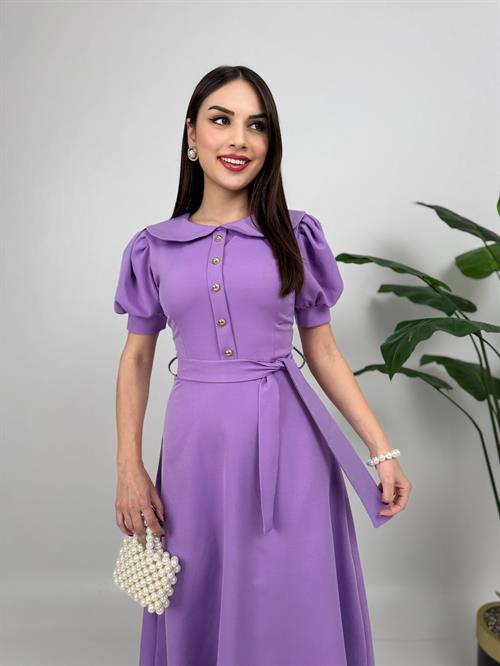 2111 BEBE YAKA KUŞAKLI MİDİ ELBİSE