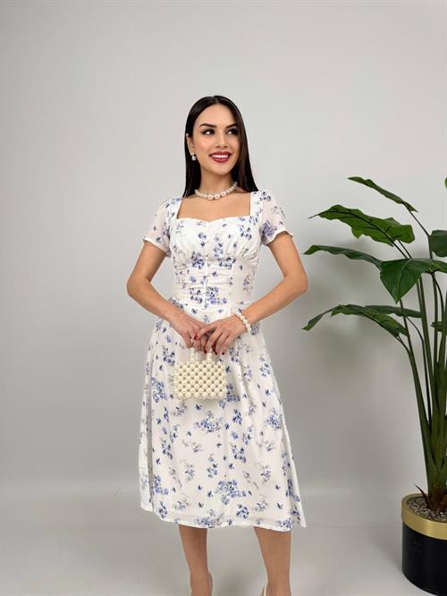 2133 ÇİÇEK DESEN KREP ELBİSE