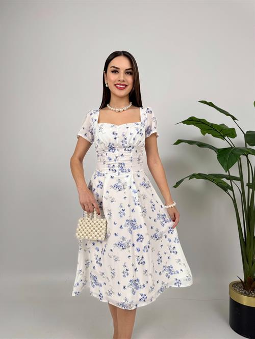 2133 ÇİÇEK DESEN KREP ELBİSE