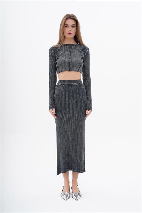 220248 ACID WASH RIBBED SET WITH CROP TOP AND LONG SKIRT