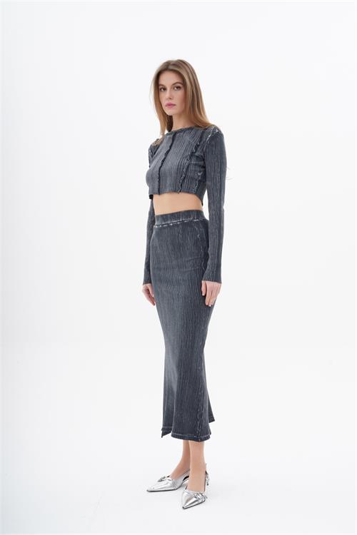 220248 ACID WASH RIBBED SET WITH CROP TOP AND LONG SKIRT