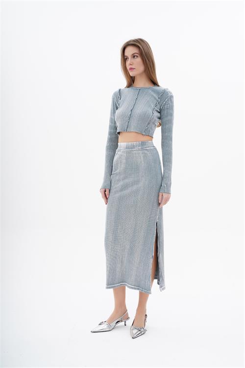 220248 ACID WASH RIBBED SET WITH CROP TOP AND LONG SKIRT