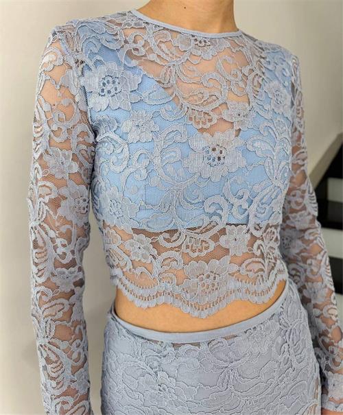 Long Sleeve Lace Crop Top With Midi Skirt