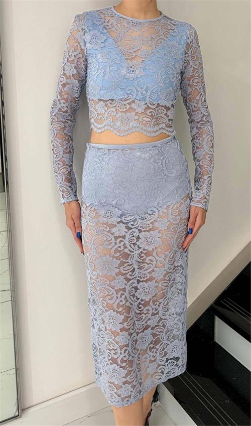 Long Sleeve Lace Crop Top With Midi Skirt