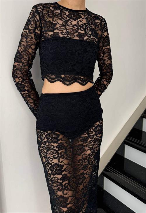 Long Sleeve Lace Crop Top With Midi Skirt