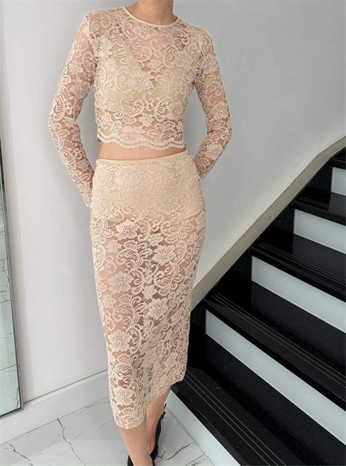 Long Sleeve Lace Crop Top With Midi Skirt