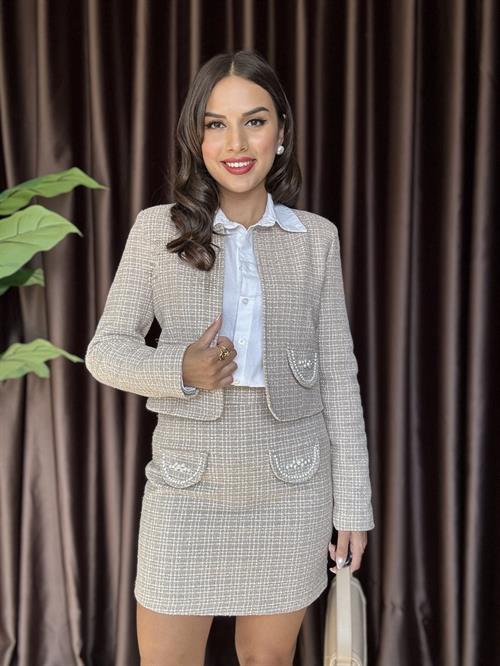 Wholesale Pearl-Embellished Skirt Suit