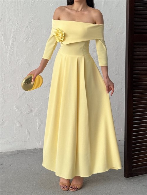 Wholesale Off-Shoulder Maxi Dress with Flower Accent