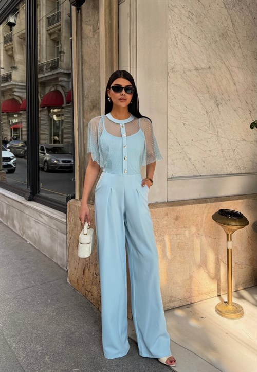 Wholesale Palazzo-Leg Jumpsuit with Tulle Overlay
