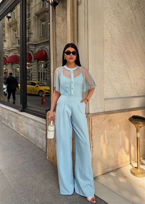 Wholesale Palazzo-Leg Jumpsuit with Tulle Overlay