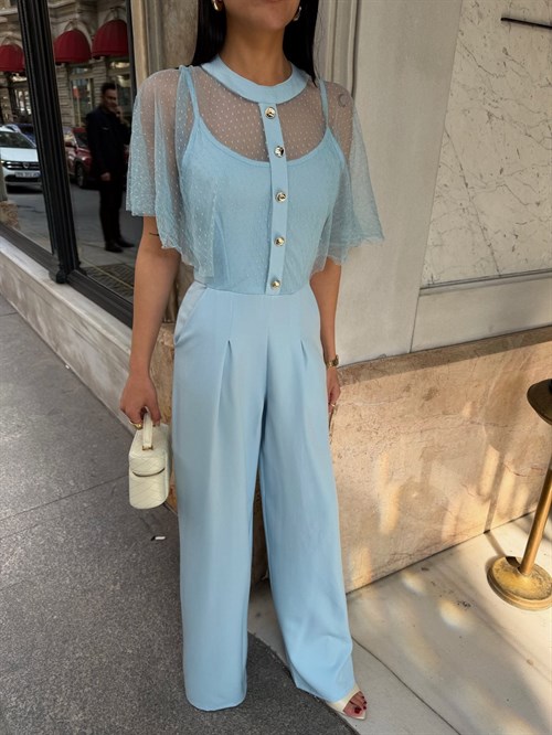 Wholesale Palazzo-Leg Jumpsuit with Tulle Overlay