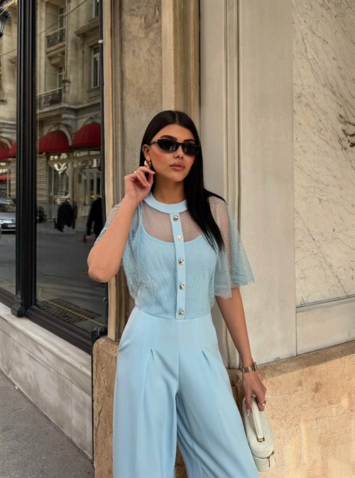 Wholesale Palazzo-Leg Jumpsuit with Tulle Overlay