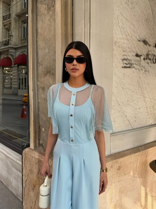 Wholesale Palazzo-Leg Jumpsuit with Tulle Overlay